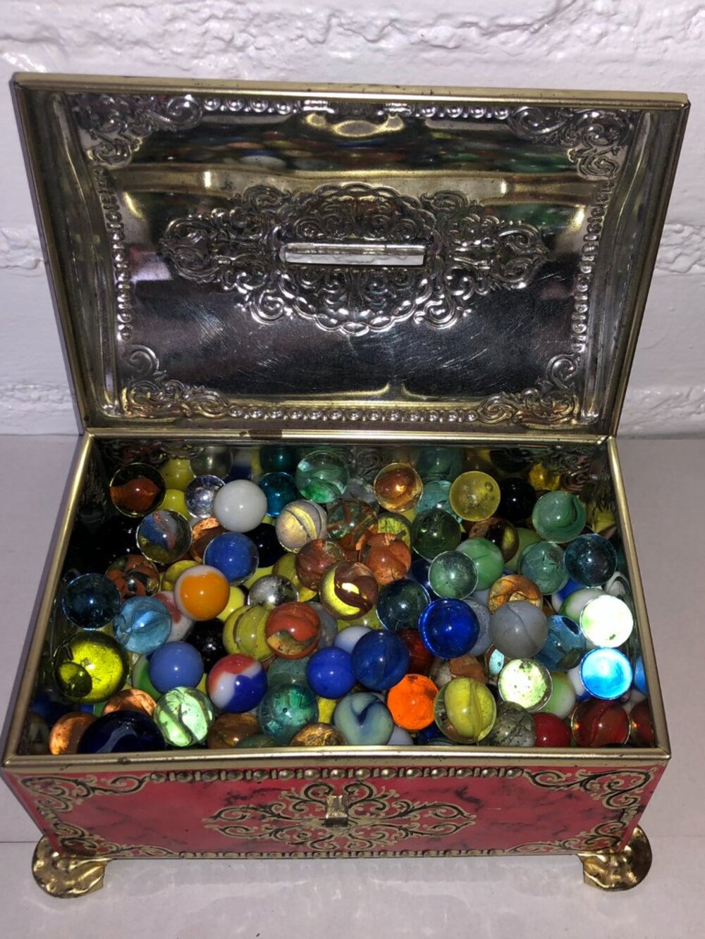 Vintage Treasure Chest Tin filled with vintage Marbles